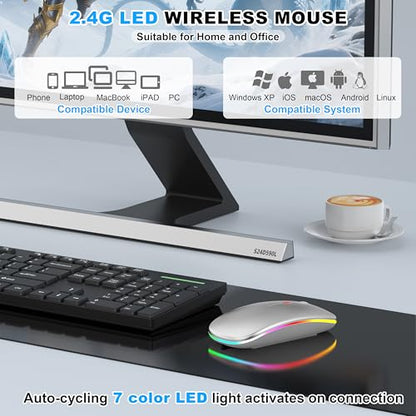 LED Bluetooth Wireless Mouse for MacBook Air Mac Pro Laptop iPad–Silver | Rechargeable Silent Light-Up Optical Mouse with Jiggler Dual Mode BT5.2 & USB-A/USB-C for Students Kids Girls Boys