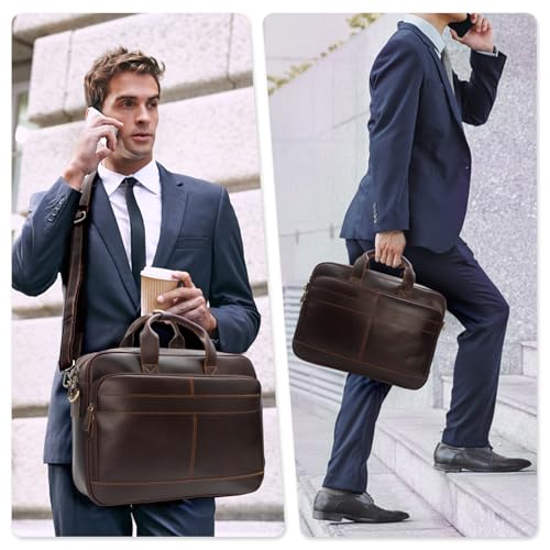 Jack&Chris Full Grain Leather Briefcase for Men, Business Messenger Bag Laptop Bag Attache Case, Fits 15.6 Inch Laptop - color: Mb005-update-red Coffee