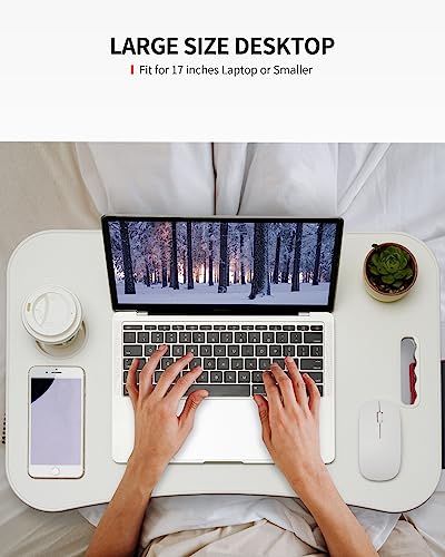 FISYOD Foldable Laptop Table, Portable Lap Desk Bed Table Tray, Laptop Stand with Cup Holder & Tablet Slot & Lifting Handle for Working Writing Drawing & Eating (White) - color: White