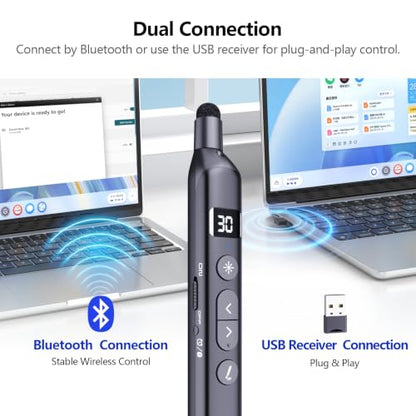 N21 Bluetooth Presentation Clicker for PowerPoint with Retractable Pointer | ①Laser Pointer②Telescopic touch pen③Countdown timer, vibration alert ④Customizable Button ⑤Rechargeable;battery level display - color: Black - Red Pointer