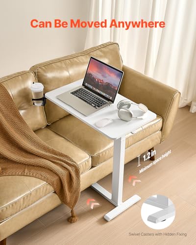 VEVOR Overbed Table, Over Bed Table with Wheels Adjustable Height, Mobile Hospital Bed Table, Rolling Laptop Desk with Fixed Top & Cup Holder, Portable Over Bed Desk for Home, Office, Study, White - color: White, style: Fixed Desktop