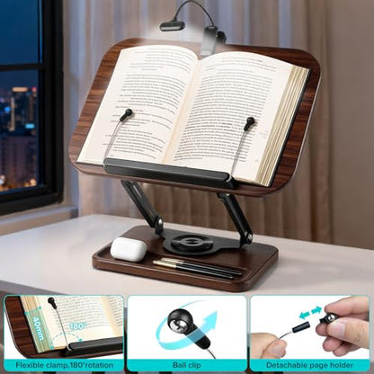 Book Stand with Light & Storage, Book Holders for Reading Hands Free | bible stand holder, wooden cookbook stand, adjustable Height, 360 °Angle, for Recipe Magazine Laptop Tablet Bible