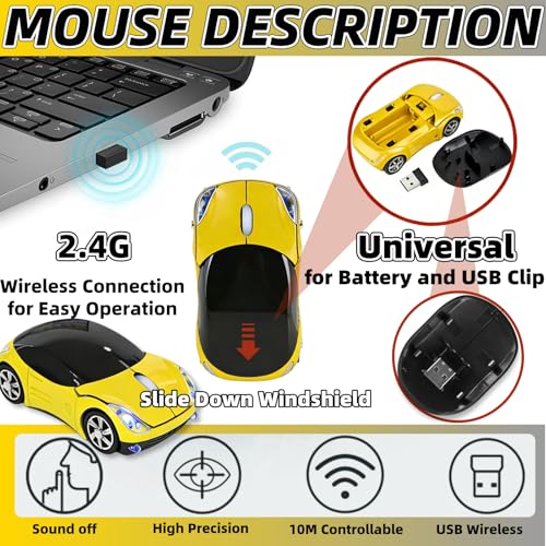 Yellow Wireless Mouse，Mini Car Computer Mouse，1600DPI 2.4G with USB Receiver, Ergonomic Cute Computer Mice for Laptop, PC, Windows, Mac OS (Yellow) - color: Yellow