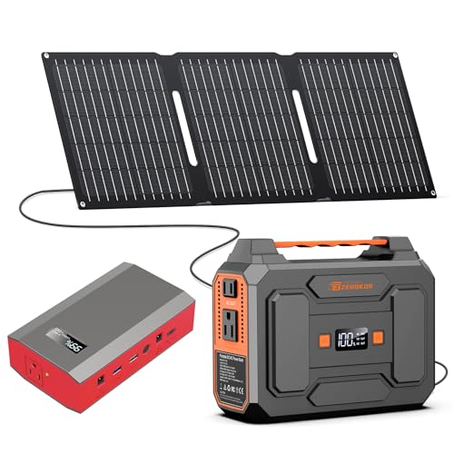Portable Power Station with Foldable Solar Panel, 110V 100W AC Outlet Camping Solar Powered Generator with Panels, 65W Solar Powered Power Bank for Laptop Smart Devices RV Outdoor with 30W Panel