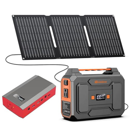 Portable Power Station with Foldable Solar Panel, 110V 100W AC Outlet Camping Solar Powered Generator with Panels, 65W Solar Powered Power Bank for Laptop Smart Devices RV Outdoor with 30W Panel