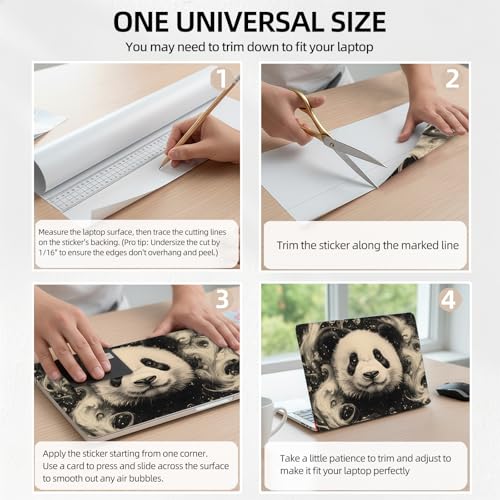 Black & White Panda Face Smoke Ink Universal Laptop Skin Sticker 3PCS, Protective Decal Trim-to-Fit 11.6" 13.3" 14" 15.6" Laptop Vinyl Cover, Removable Anti-Scratch Computer Decal Protector - color: Black & White Panda Face Smoke Ink