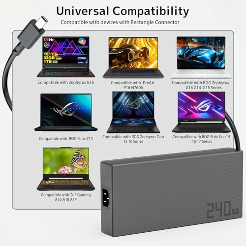 240W 20V 12A Laptop Charger for ASUS Rog Zephyrus G14 G16 Power Supply Cord | GU605 GA605 GA403 Flow Z13 GZ302 TUF A14 A16 A18 FA401 Gaming V16 V3607 ProArt PX13 P16 Rectangle Conn Fast charging Adapter