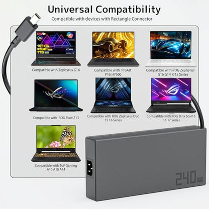 240W 20V 12A Laptop Charger for ASUS Rog Zephyrus G14 G16 Power Supply Cord | GU605 GA605 GA403 Flow Z13 GZ302 TUF A14 A16 A18 FA401 Gaming V16 V3607 ProArt PX13 P16 Rectangle Conn Fast charging Adapter