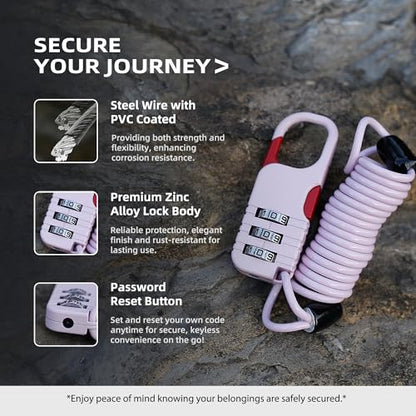 Travel Locks Cable Retractable, Mini Snowboard Lock with Combination, Small Padlock Combination with Wire for Luggage, Backpack, Suitcase, Stroller, Ski Gear, Motorcycle Helmet Anti Theft - color: Black+Pink