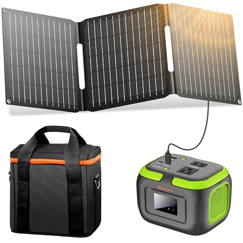 Solar Power Station with Panel, Portable Solar Power Bank with AC Outlet 120W Camping 110V Outlet Power Pack Fast Charging for Laptop Smart Devices RV VanLife Hiking Fishing Power Outage Backup