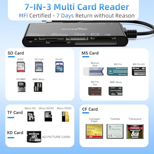 USB 3.0 Multi Card Reader for SD, Micro SD, CF & XD Cards | 7-Slot Memory Card Reader with USB-C, USB-A and Lightning, 5Gbps Transfer for iPhone, iPad, MacBook and PC - color: CR324-R