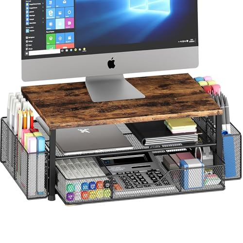 OPNICE Desk Organizer and Accessories, 2-Tier Computer Monitor Stand Riser with Drawer and 2 Pen Holders, Laptop Stand, Office Desk Accessories for Office Supplies, 1 Pack, Brown - color: Brown 1-Pack, size: Single