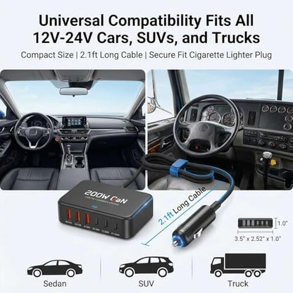 200W USB C Car Charger [GaN] PD 100W Laptop Car Charger, PD3.0/QC4.0/PPS Super Fast Charging for MacBook pro/Air/Dell/Lenovo/HP,iPhone 17/16/15 Series,Samsung Galaxy S26/S25 Ultra/S24
