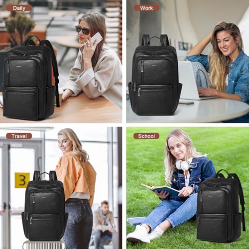 Leather Laptop Backpack for Women, 17 inch Large Travel Laptop Backpack Purse for Casual Daypack College Work Bag - color: Black