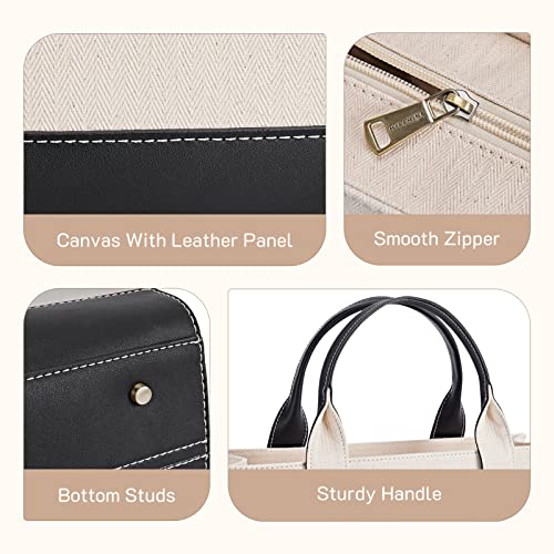 Missnine Tote Bag Canvas Laptop Bag 15.6 inch Briefcase for Women Large Capacity Handbag for Office, College, Travel (Black+Beige) - color: Classic Black