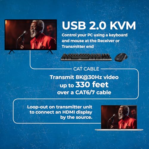 OREI 8K HDBaseT 3.0 HDMI KVM Extender, Loop Out, USB 2.0 RS-232 PoC HDR10+ | 4K 120Hz HDMI Extender, 4K 120Hz HDMI Over Ethernet, eARC/ARC, 40Gbps FRL, Dolby Vision, VRR, ALLM - size: 8K w/ eARC, LAN, KVM