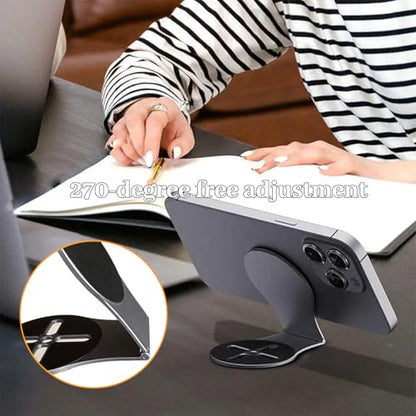 Universal Magnetic Phone Mount Holder for Computer Monitor Laptop Car Dashboard - Aluminum Foldable Adjustable Stand with Magsafe & 270° Rotation, Compatible with iPhone Tesla Dual Screen Setup