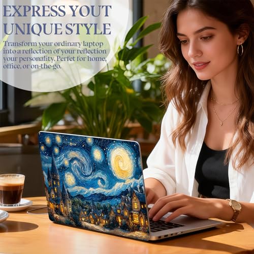 Universal Laptop Skin Sticker Decal,15.6 Inch Laptop Vinyl Cover for 13" 14" 15.6" Laptop,Scratch-Resistant Waterproof Protector Wrap,Reusable with Wrist Pads,Starry Night Magical Town - color: Starry Night Magical Town
