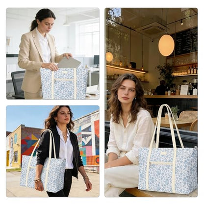 Laptop Tote Bag for Women 17.3 Inch, Water-resistant Work Bag with Compartments & 15 Pockets, Travel Cute Flower Computer Shoulder Purse for Teacher Office - color: Blue Flower