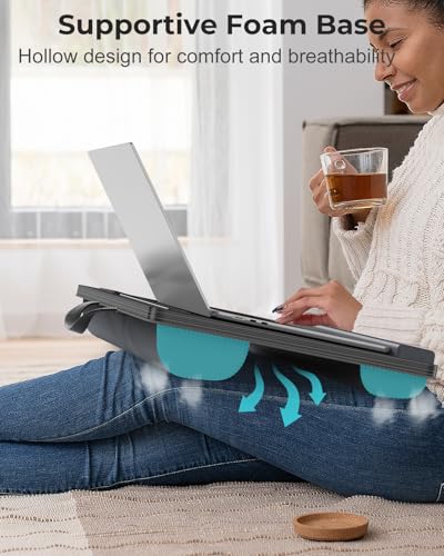 Potuopy Lap Desk Combo, Adjustable Foldable Bed Tray Table with Storage Drawer & Wood Grain Surface, Laptop Stand with Cushion, Wrist Pad, 2 Upgraded Mouse Pads, Tablet & Phone Slots, Supports 17" Lap