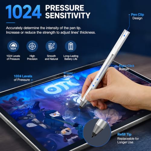 Active Pen for HP Omnibook Envy x360 Spectre Pavilion, Palm Rejection | 1024 Pressure Levels, 300-Day Battery, Dual Side Button, No Bluetooth, MPP 1.51 for Drawing & Note-taking - color: Platinum