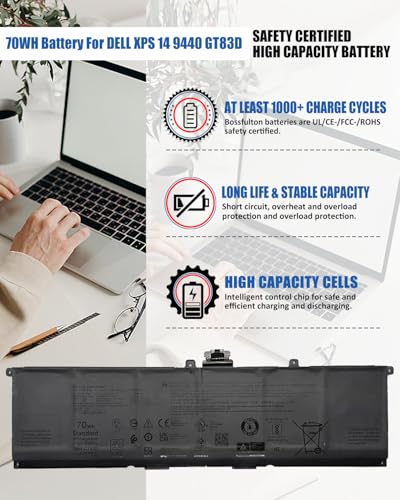 70Wh GT83D Battery for Dell XPS 14 9440 Laptop - Compatible with Part Numbers 7T7DY & N80X2 - size: 11.02*3.19*0.23 inch GT83D