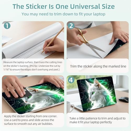 Universal Laptop Skin Decal, 3-Piece Vinyl Protector for 12 13 14 15.6" Notebook, Waterproof Anti-Scratch, Easy Trim & Bubble-Free Finish, Cat with Green Eyes - color: Cat with Green Eyes
