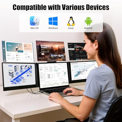 Laptop Screen Extender 14 inch Laptop Monitor Extender 1080P IPS, Triple Portable Monitor for Laptops 13-17.3" with USB-C DP/HDMI Port, Plug-Play Portable Screen for Windows/Mac/Chrome/Android