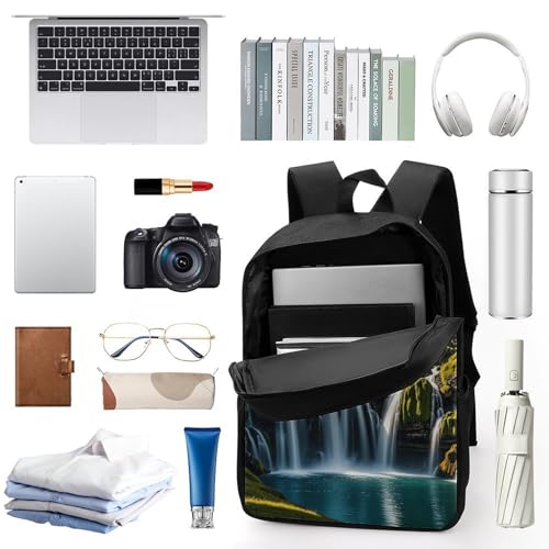 17-Inch Laptop Backpack Water-Resistant Green Pine Waterfall Daypack with Shoulder Strap Lightweight Casual Rucksack for Travel Commuter Hiking Outdoor Activities 20l Black