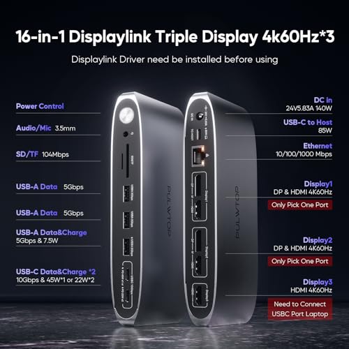 DisplayLink Docking Station Triple Monitor with 140W Power Adapter, PULWTOP 4K@60Hz Laptop Docking USB C Dock for MacBook M1/M2/M3, Windows, 3xHDMI, 2xDisplayPort,5xUSB C/USB A Data/Charging - size: 16 in 1 Displaylink triple docking station