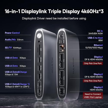 DisplayLink Docking Station Triple Monitor with 140W Power Adapter, PULWTOP 4K@60Hz Laptop Docking USB C Dock for MacBook M1/M2/M3, Windows, 3xHDMI, 2xDisplayPort,5xUSB C/USB A Data/Charging - size: 16 in 1 Displaylink triple docking station