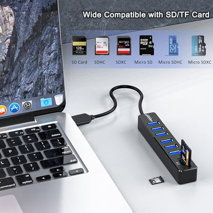 USB Hub with SD/TF Card Reader, VIENON 8 in 1 USB Extender USB Splitter with SD/Micro SD Memory Card Reader and 6 USB 2.0 Ports for PC, Laptops, Surface Pro, MacBook, iMac Pro-3FT