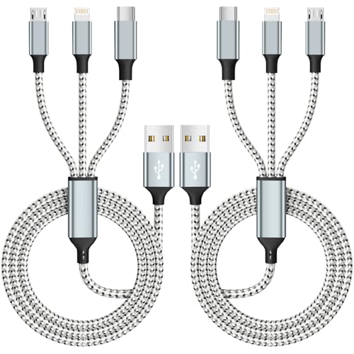 Multi Charging Cable(2Pack 4FT), Multiple Charger Cord Nylon Braided Charger Cord for Multiple Devices, 3 in 1 Charging Cable with Type-C/Micro USB and IP Port, Compatible with Most Phones and More - color: Grey-2Pack