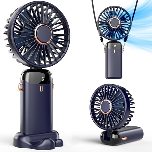 Koonie Handheld Fan, 5 Speeds, 8H Battery, 90° Tilt, Rechargeable, Blue | Digital display, 8-hour runtime, 90° adjustable tilt, battery operated, portable, for indoor & outdoor use - color: blue