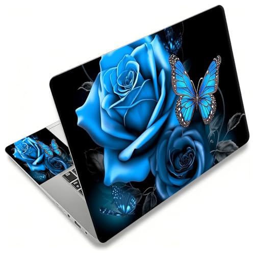 Laptop Skin Sticker Decal, Universal Reusable Vinyl Laptop Cover for 12" 13" 13.3" 14" 15" 15.4" 15.6" Notebook PC, Reusable Waterproof Scratch-Resistant with 2 Wrist Pads,Blue Rose Butterfly - color: Blue Rose Butterfly