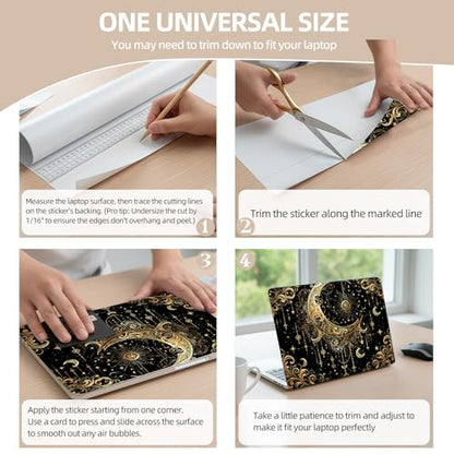 Universal Laptop Skin Sticker for 12/13/14/15.6 Inch Laptops, Reusable Vinyl Laptop Decal Cover, Waterproof Scratch Resistant Notebook Skin with 2 Wrist Pads,Golden Moon - color: Golden Moon