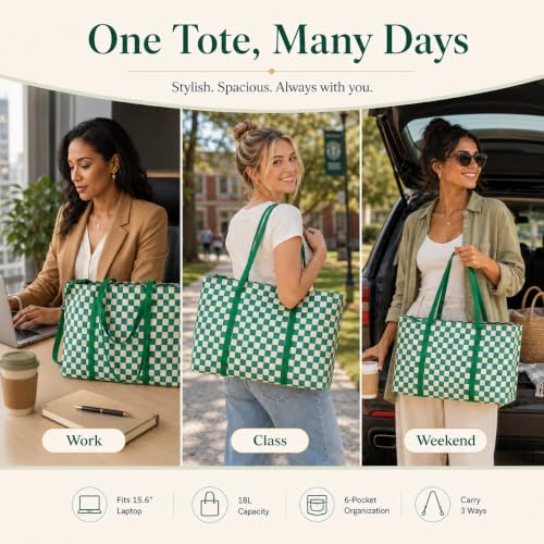 BTOOP Work Tote Bag for Women, Laptop Tote Bag With 15.6 Inch Padded Compartment, Teacher Nurse Bible Bags - color: Green-white Checkered