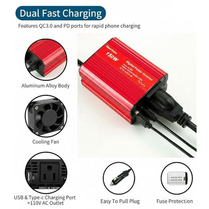HearGrow 150W Power Inverter for Vehicle: 12V DC to 110V AC Converter - Car Plug in Adapter Outlet with 3.1A Dual USB Charger for Laptop Drone Camping Road Trip & Mobile Office