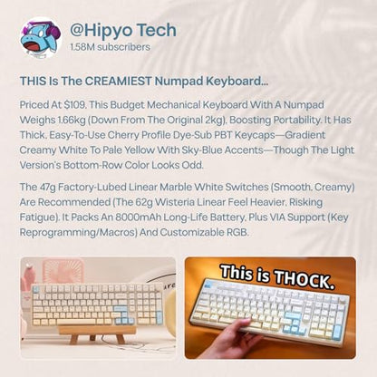 EPOMAKER Galaxy100 Lite QMK/VIA Gaming Keyboard with 8000mAh Battery | 1800 Aluminum Mechanical Keyboard with Numpad, USB-C/BT/2.4Ghz, Hot-Swap, Creamy Sound (Creamy White, Marble White Switch) - color: Creamy White, size: Marble White Switch