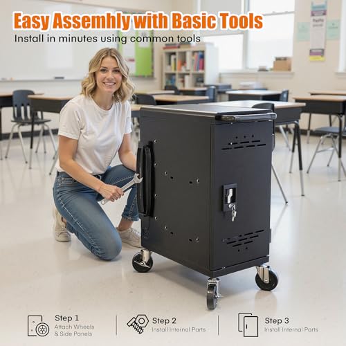 16-Device Charging Cart with Power Strip, Black Charging Station for Chromebooks, Laptops & Tablets up to 14”, Classroom Charging Cabinet with Cable Management & Accessory Storage - size: 16 Tablet/Chromebook