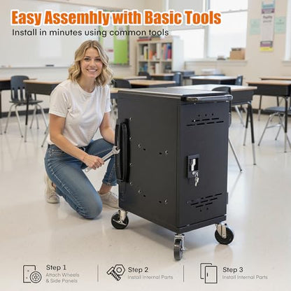 16-Device Charging Cart with Power Strip, Black Charging Station for Chromebooks, Laptops & Tablets up to 14”, Classroom Charging Cabinet with Cable Management & Accessory Storage - size: 16 Tablet/Chromebook