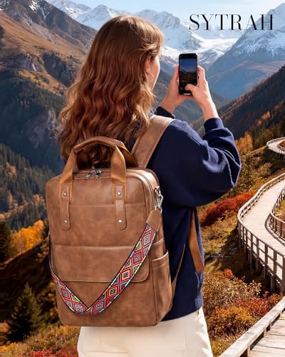 Leather Laptop Backpack 15.6 inch Womens Computer Bag Brown | 3-in-1 laptop purse: Dedicated 15.6" Compartment, 7-Pocket Organizer, Colorful Shoulder Strap, Work & Travel Ready - color: Brown