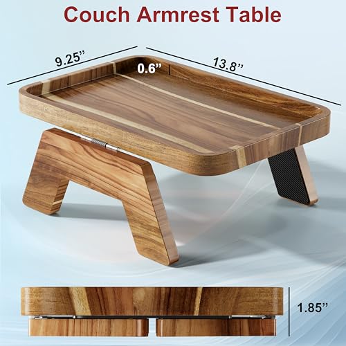 ZUJJAFY Couch Armrest Table, Acacia Wood Couch Arm Tray, Clip-On Sofa Arm Tray Table for Drink Eating Snacks Remote and Control