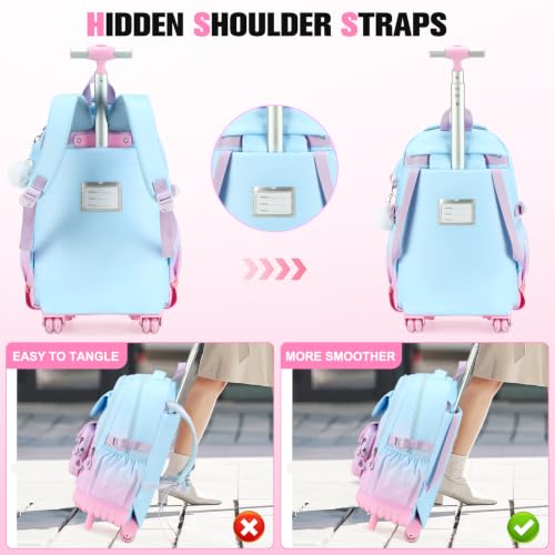 ACESAK Rolling Backpack for Girls - Roller Wheels School bag with Lunch Bag & Pencil Pouch for Teen Girls Kids Wheeled Suitcase Backpacks, Elementary Middle School Travel Daypack(Blue Purple) - color: Blue Purple