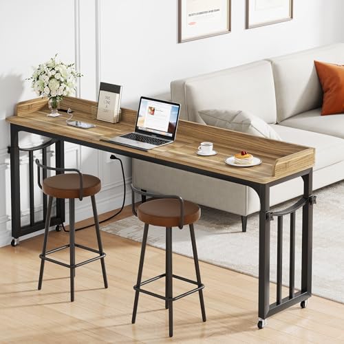 71 in Queen Size Overbed Table with Wheels, Light Brown | Height Adjustable, Bed Table with Adjustable Tilt Board, Mobile Laptop Cart Computer Desk with Power Outlets, USB Ports - color: Light Brown