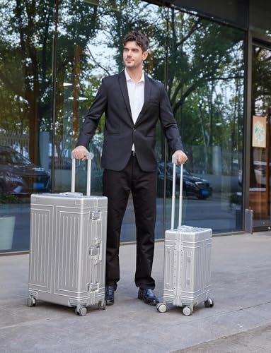 All Aluminum Luggage 20/28 Set，Cut from Whole Aluminum Sheet（3rd Generation，Premium Magnesium Metal zipperless suitcase ） (silvery, 20+28inch) - color: silvery, size: 20 inch + 28 inch