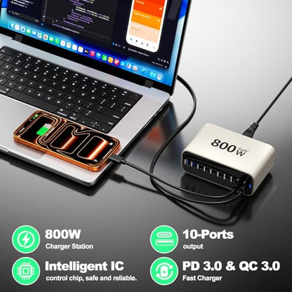 USB C Charging Station 800W, USB Fast Charger Block 10 Ports, Dual 140W PD PPS Charger Multiple Output, PD Power Adapter Compatible with MacBook Pro Dell/iPhone 16/Galaxy/Tablet/Mobile - size: 800W 10 Port