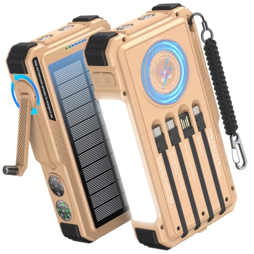 BLAVOR Solar Power Bank with Hand Crank and 4 Cables, 20000mAh Wireless Portable Charger with USB C & Camping Light, 20W Fast Charging Battery Pack for iPhone, iPad, Samsung, All Mobile Phones - color: Yellow