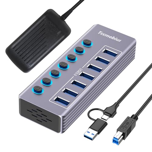 Powered 7-Port USB 3.0 Hub, USB C to 7 Ports USB Data Hub Splitter with Individual LED On/Off Switche, 3.3FT Cable, 12V/3A Power Adapter, for Laptop MacBook Pro/Air PC (Aluminum Gary)