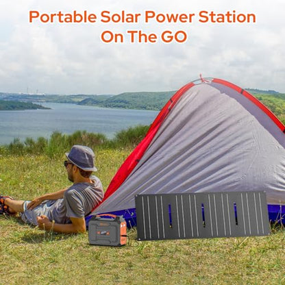 Portable Power Station with Foldable Solar Panel, 110V 100W AC Outlet Camping Solar Powered Generator with Panels, 65W Solar Powered Power Bank for Laptop Smart Devices RV Outdoor with 30W Panel